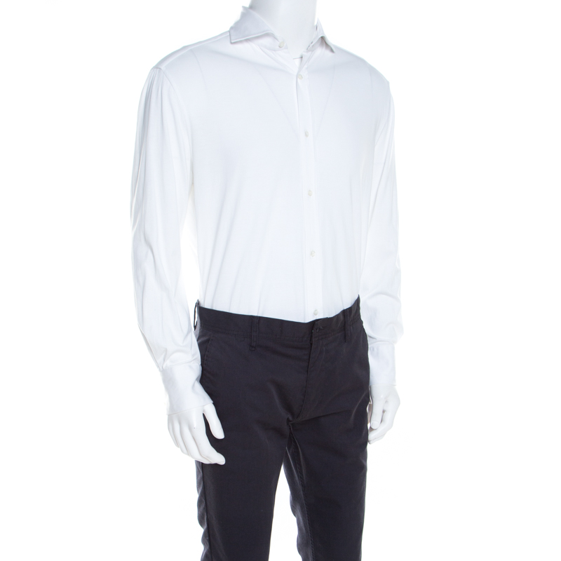 

Brunello Cucinelli White Cotton Jersey Long Sleeve Slim Fit Shirt