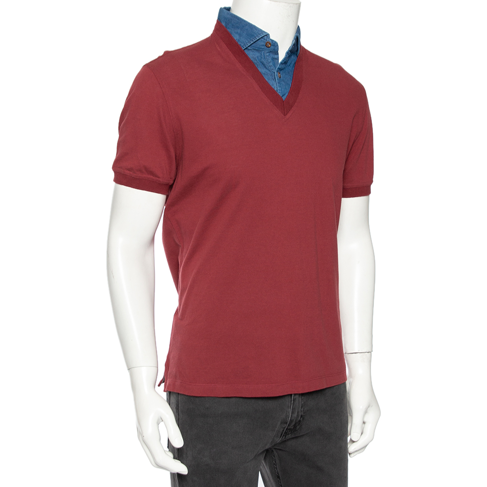 

Brunello Cucinelli Maroon Cotton Denim Collar Detail Regular Fit T-Shirt, Red