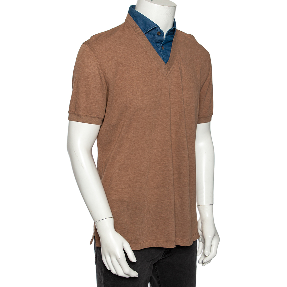 

Brunello Cucinelli Brown Cotton Pique Denim Collar Inset Polo T Shirt