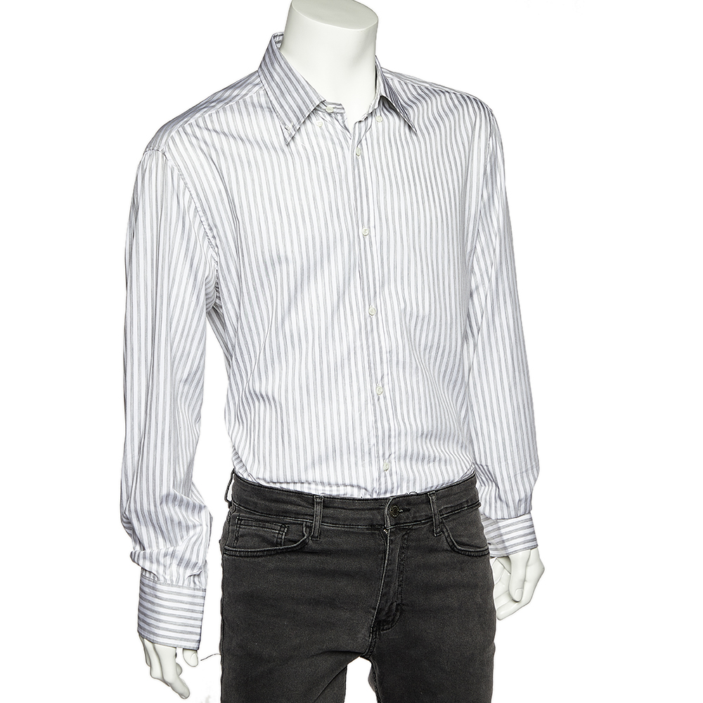 

Brunello Cucinelli White & Grey Striped Cotton Basic Fit Shirt