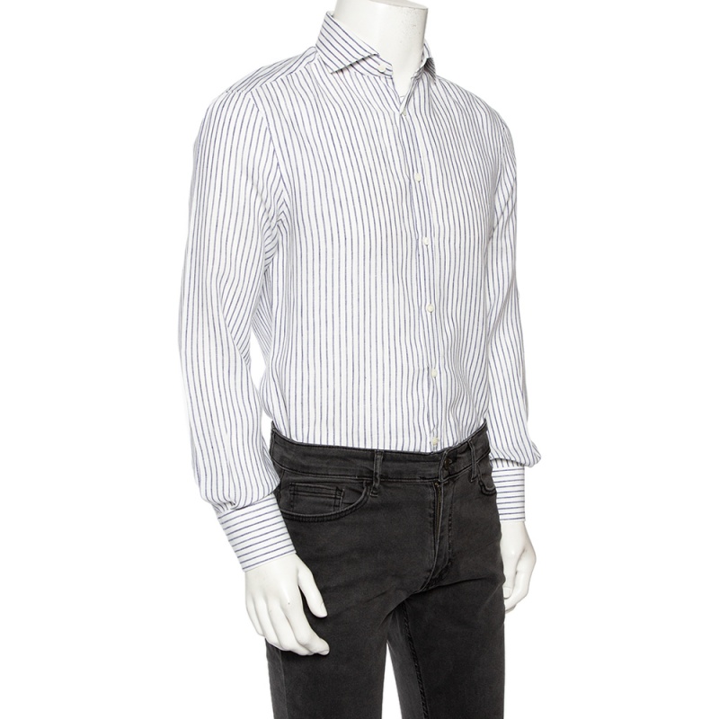 

Brunello Cucinelli White Striped Linen Slim Fit Shirt