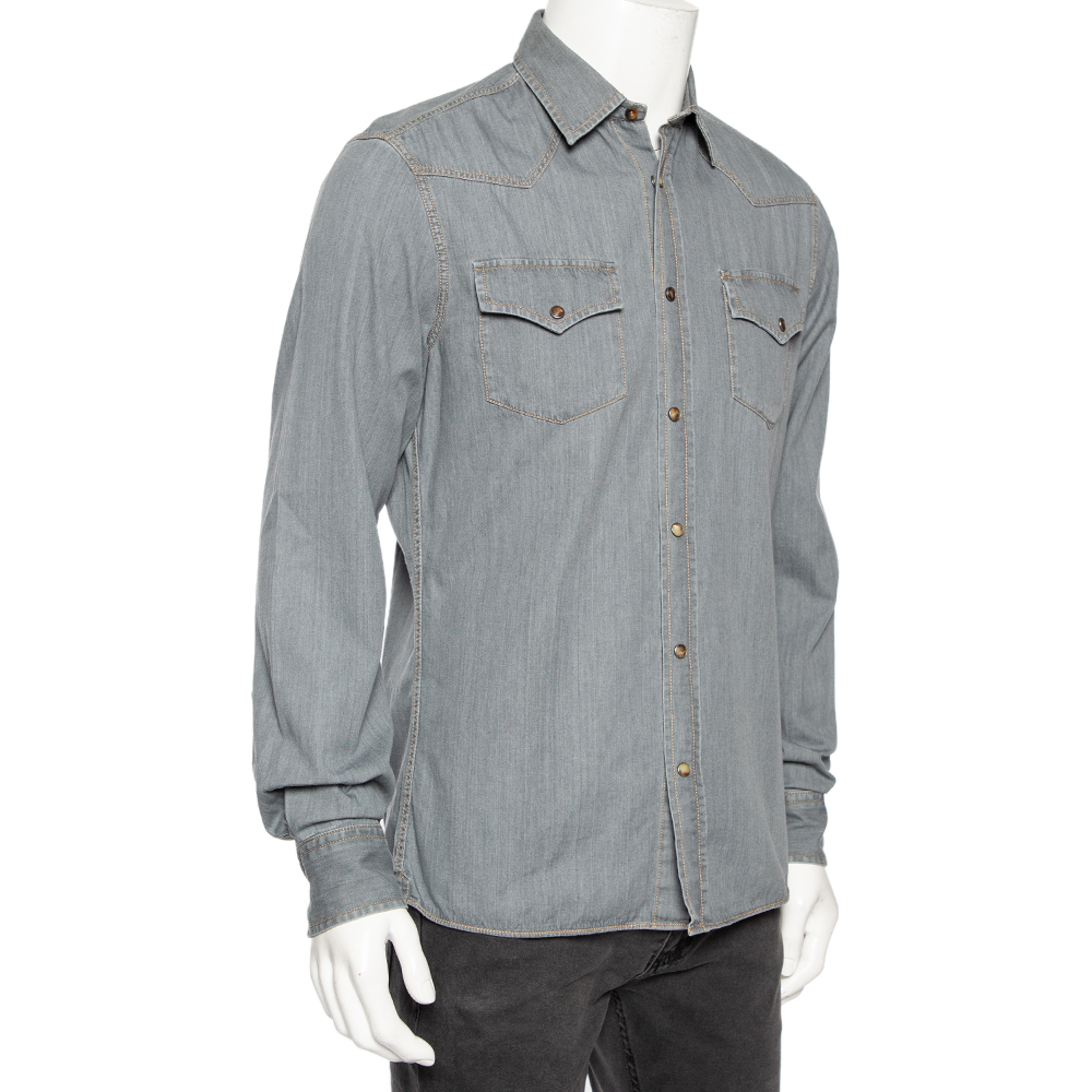 

Brunello Cucinelli Grey Chambray Button Front Leisure Fit Shirt