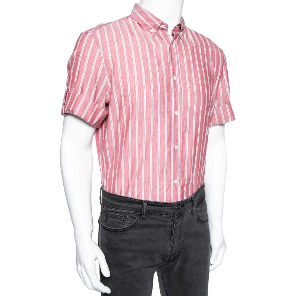 

Brunello Cucinelli Pink Striped Cotton & Linen Leisure Fit Shirt