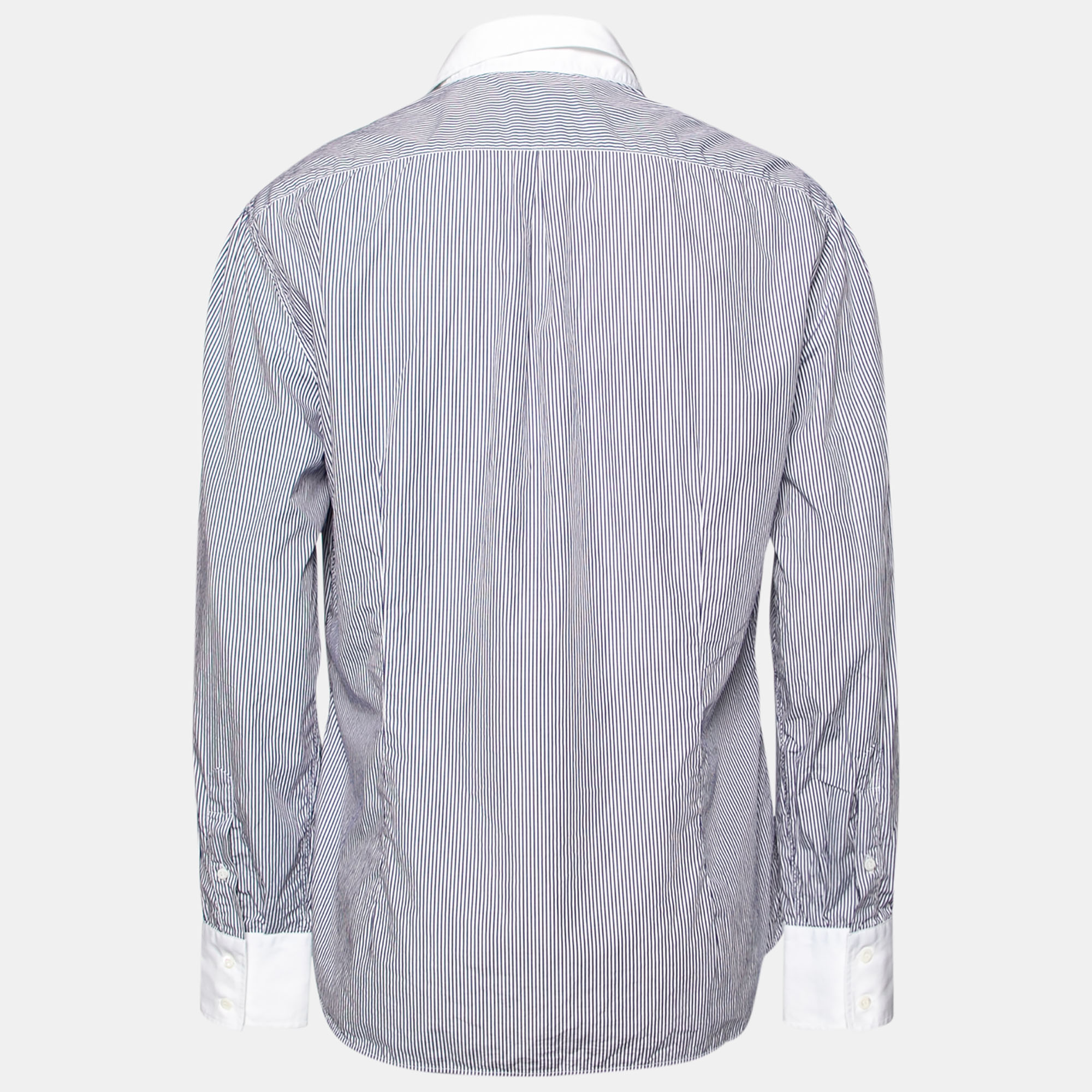 

Brunello Cucinelli Blue and White Striped Cotton Button Front Shirt
