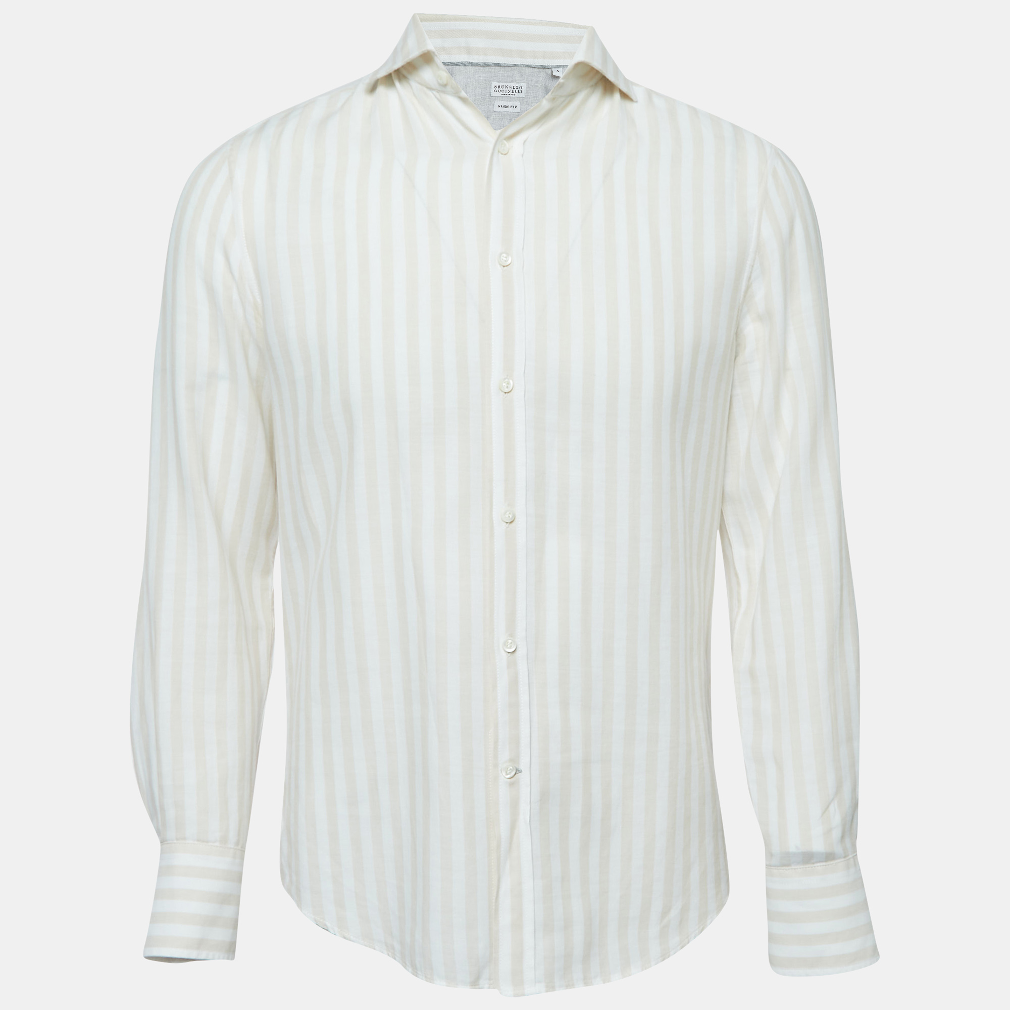 Pre-owned Brunello Cucinelli Beige Striped Cotton Shirt S