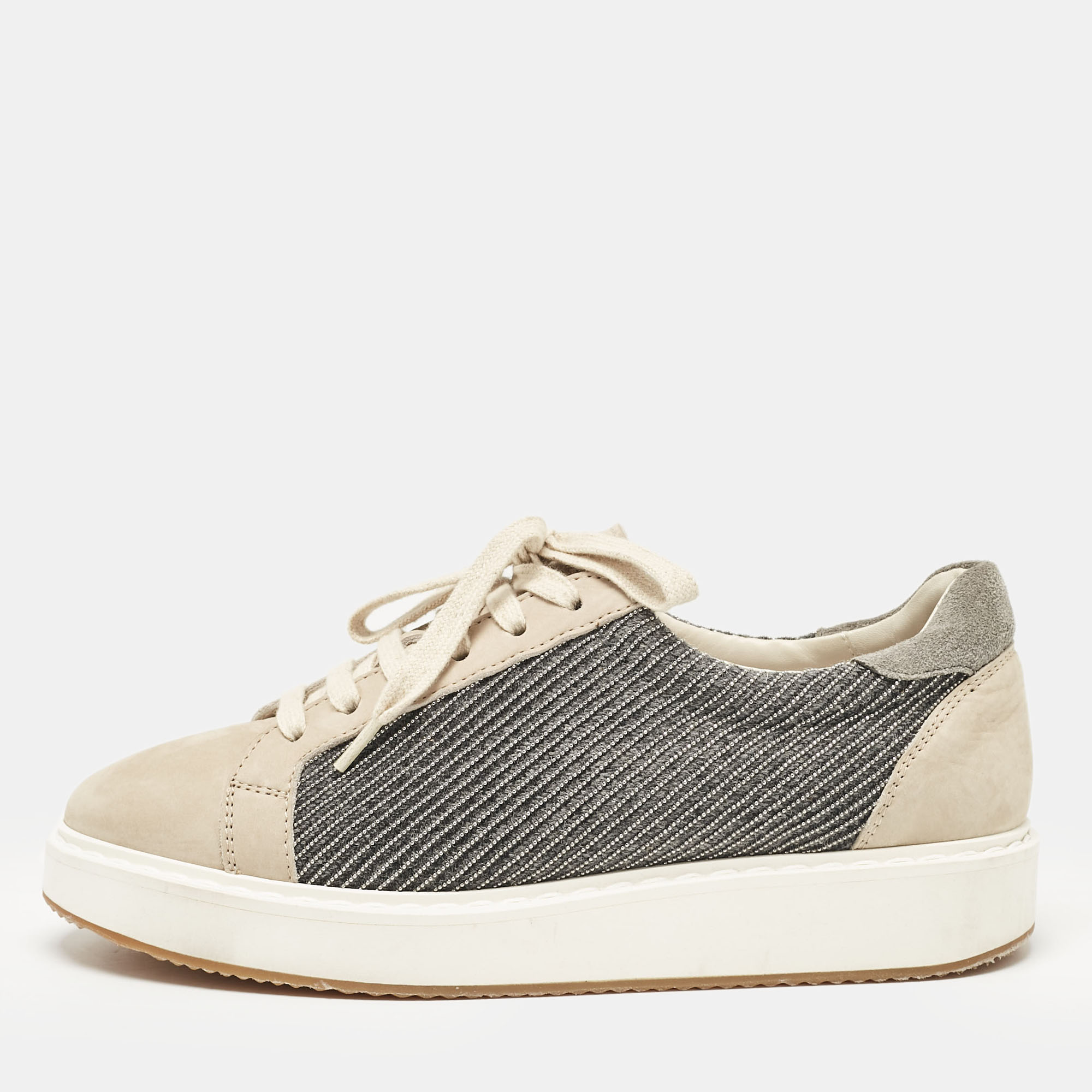 

Brunello Cucinelli Beige/Grey Nubuck Leather and Wool Embellished Low Top Sneakers Size