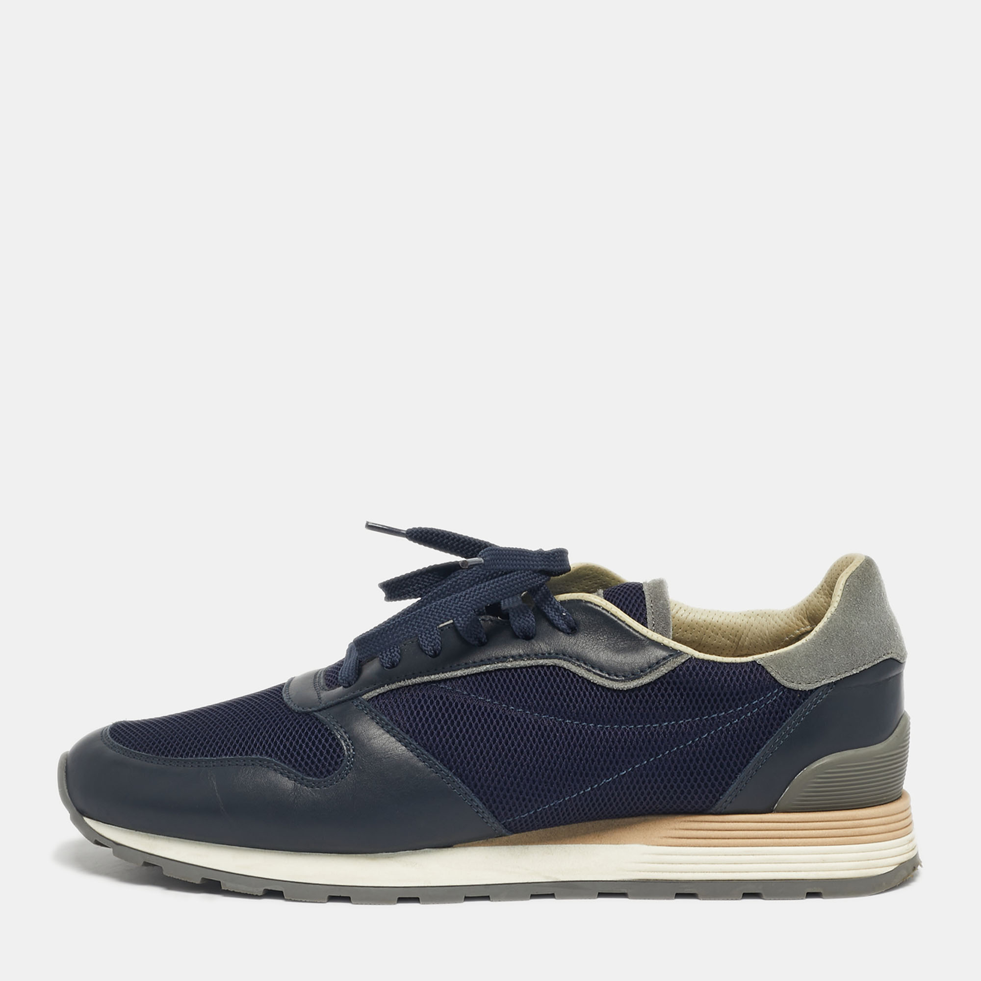 Pre-owned Brunello Cucinelli Navy Blue Suede And Leather Lace Up Sneakers Size 44