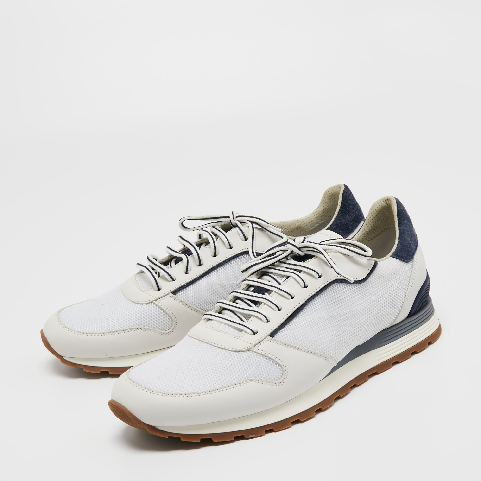 

Brunello Cucinelli White/Navy Blue Leather and Mesh Low Top Sneakers Size
