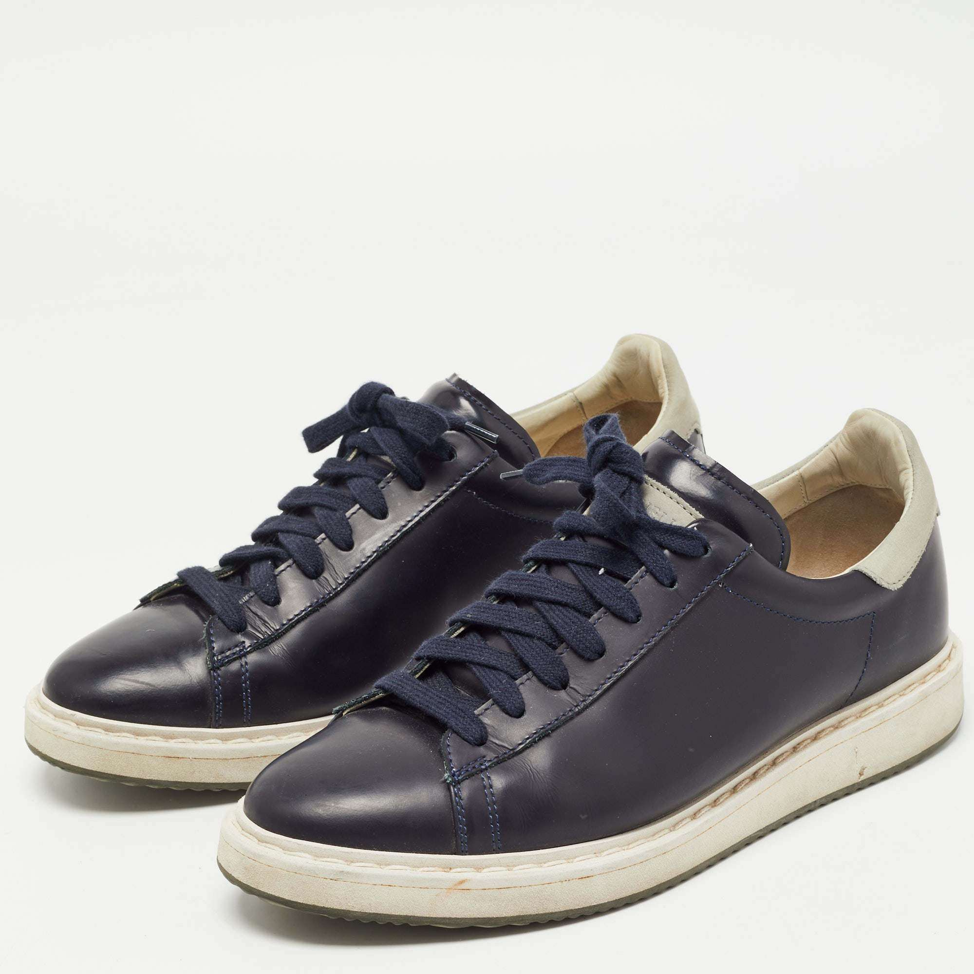 

Brunello Cucinelli Blue Suede And Leather Lace Up Low Top Sneakers Size