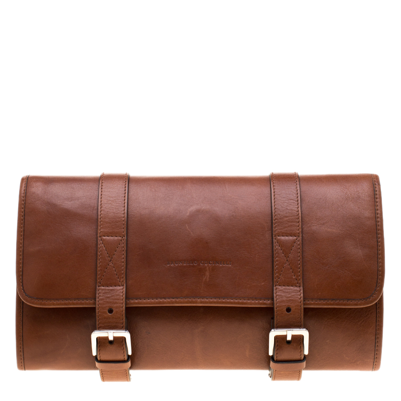 Pre Owned Brunello Cucinelli Brown Leather Hanging Wash Bag
