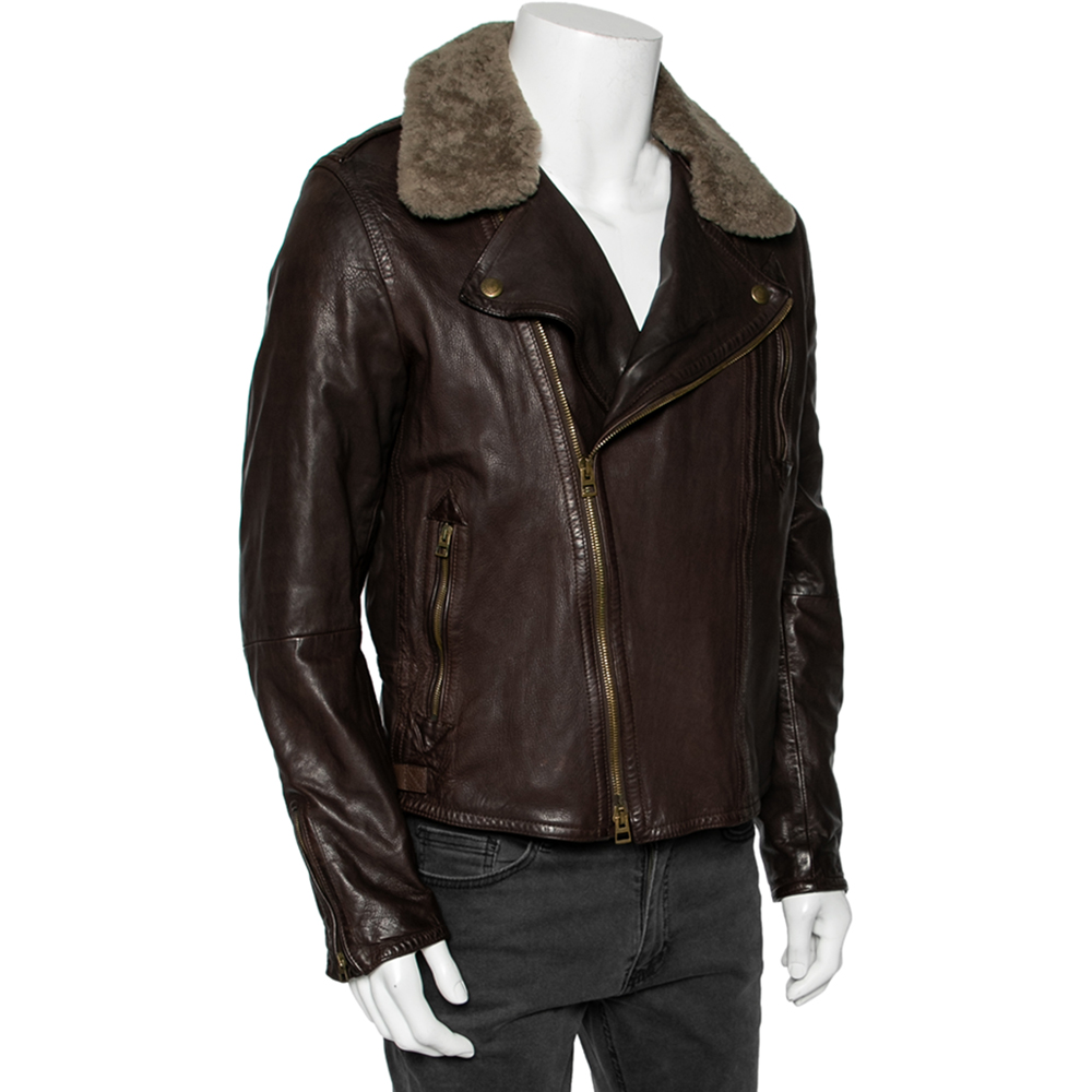

Burberry Brit Brown Leather & Fleece Collared Biker Jacket