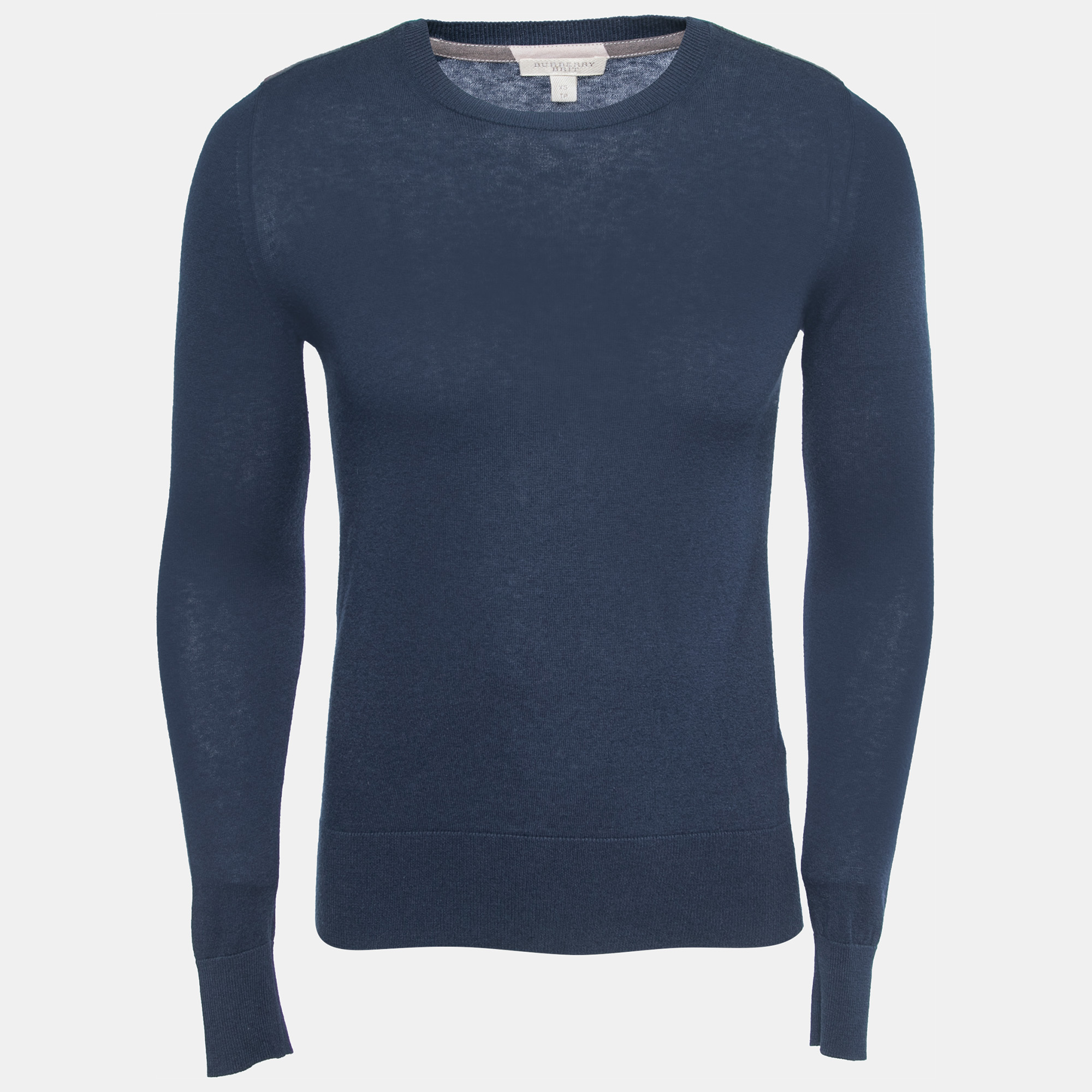 Pre-owned Burberry Navy Blue Knit Horseferry Check Shoulder Detail Crew Neck Sweatshirt Xs