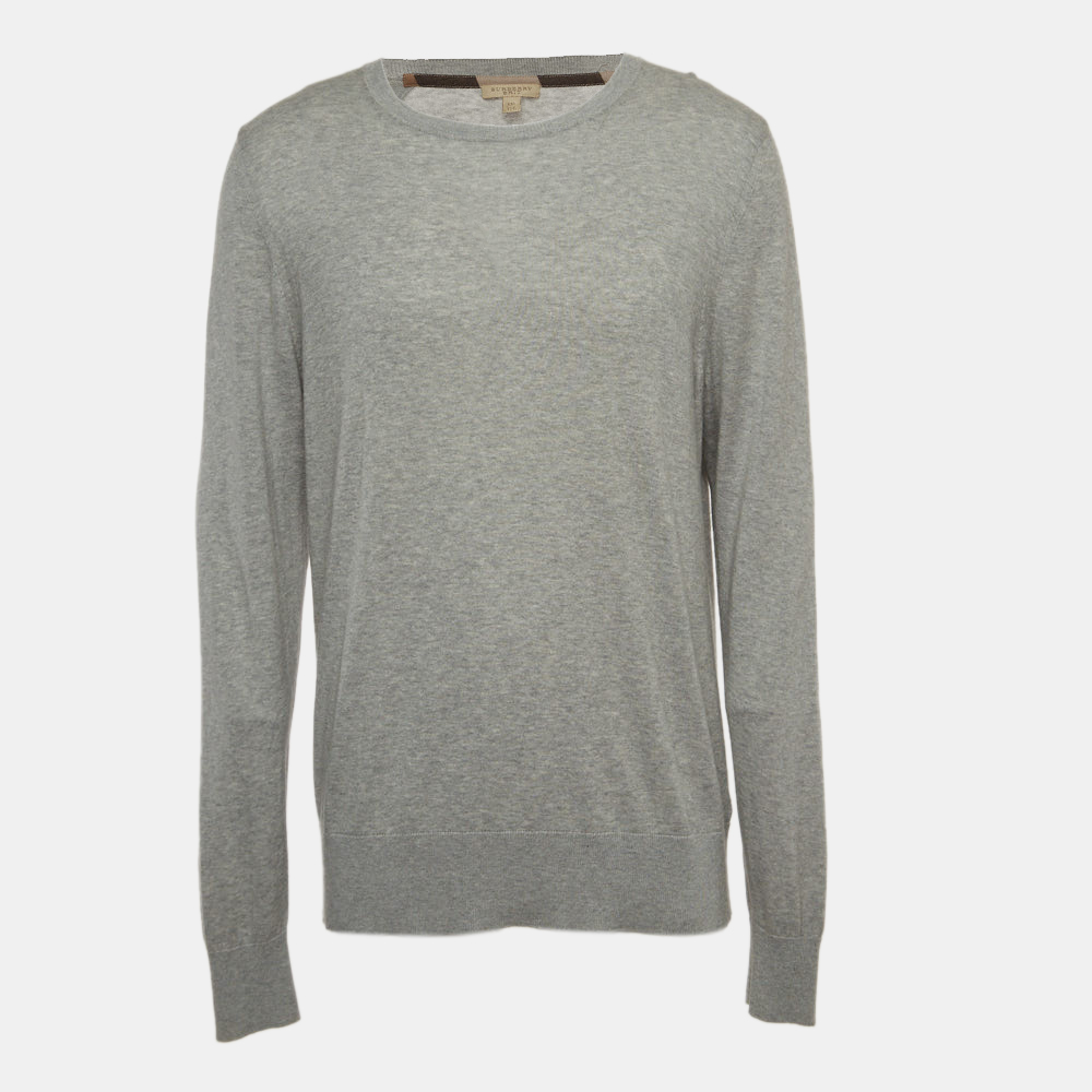 

Burberry Brit Grey Cashmere and Cotton Check Detail Round Neck Sweater