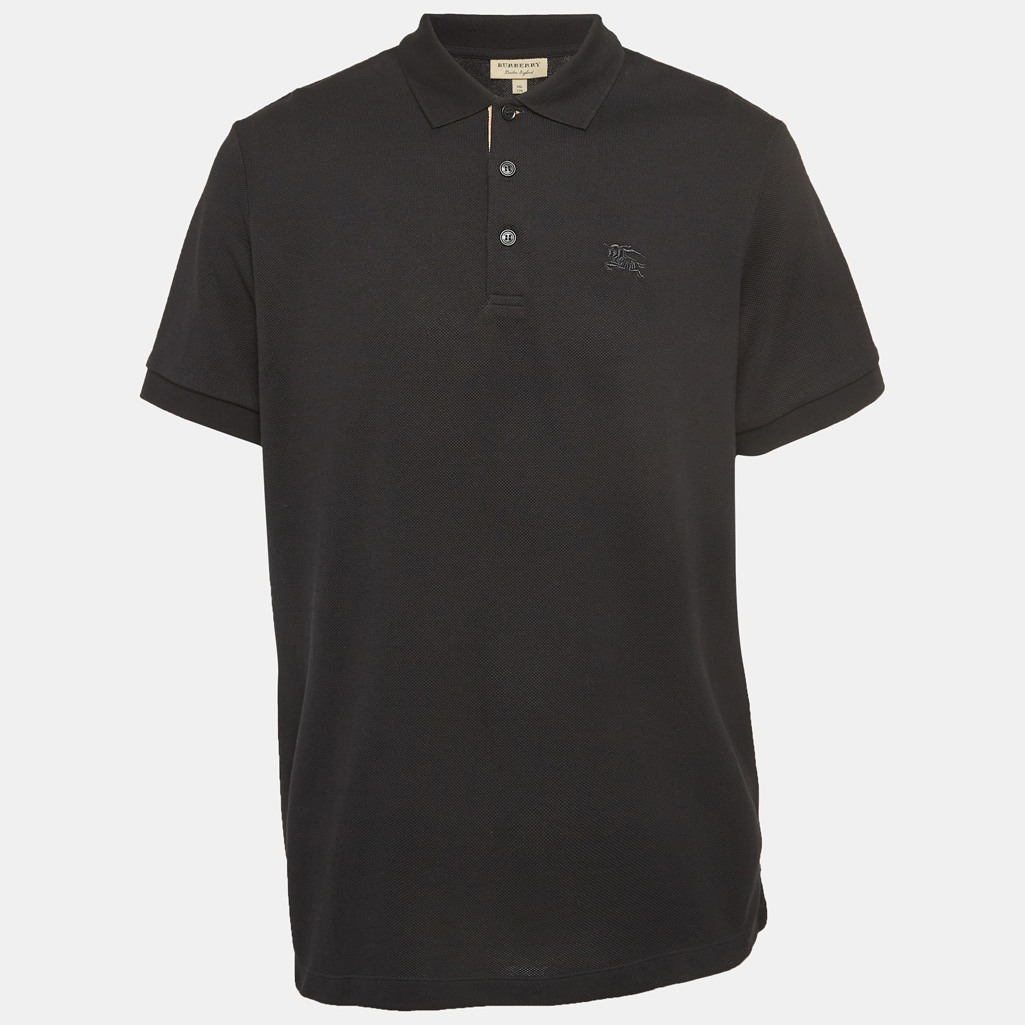 

Burberry London Black Logo Embroidered Cotton Knit Polo T-Shirt