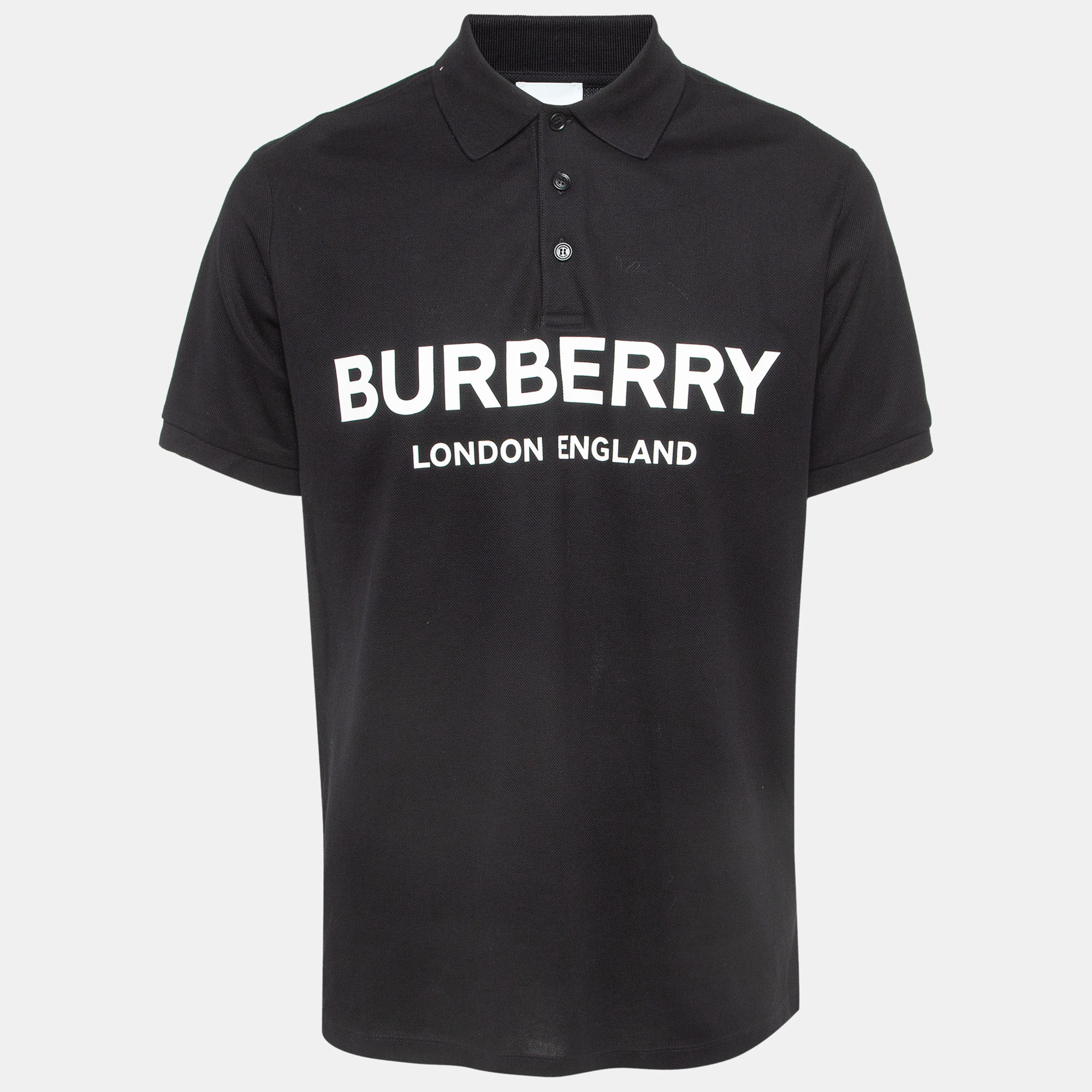 

Burberry Black Logo Print Pique Cotton Polo T-Shirt