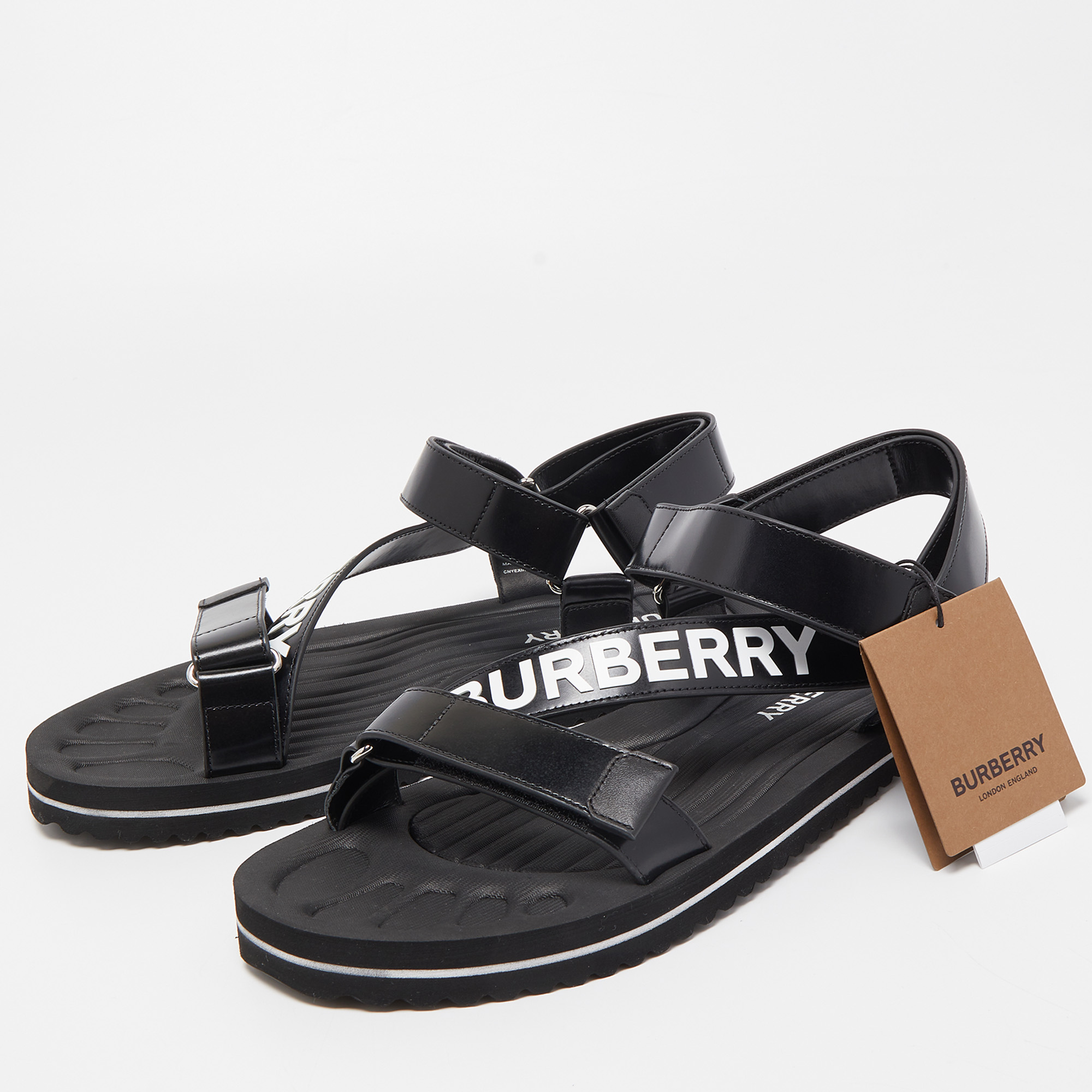 

Burberry Black Leather Patterson Velcro Flat Sandals Size
