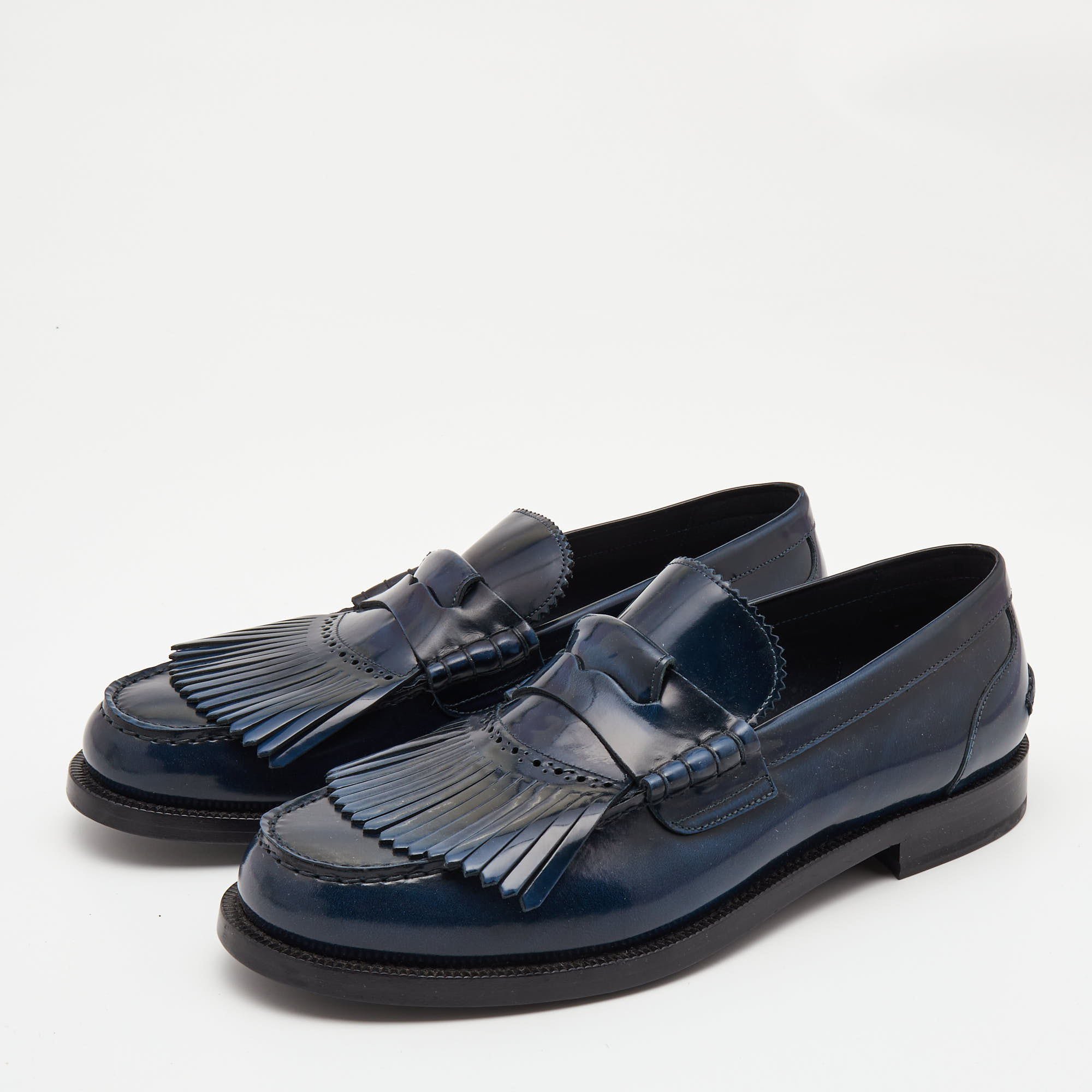 

Burberry Navy Blue Leather Fringe Detail Penny Loafers Size