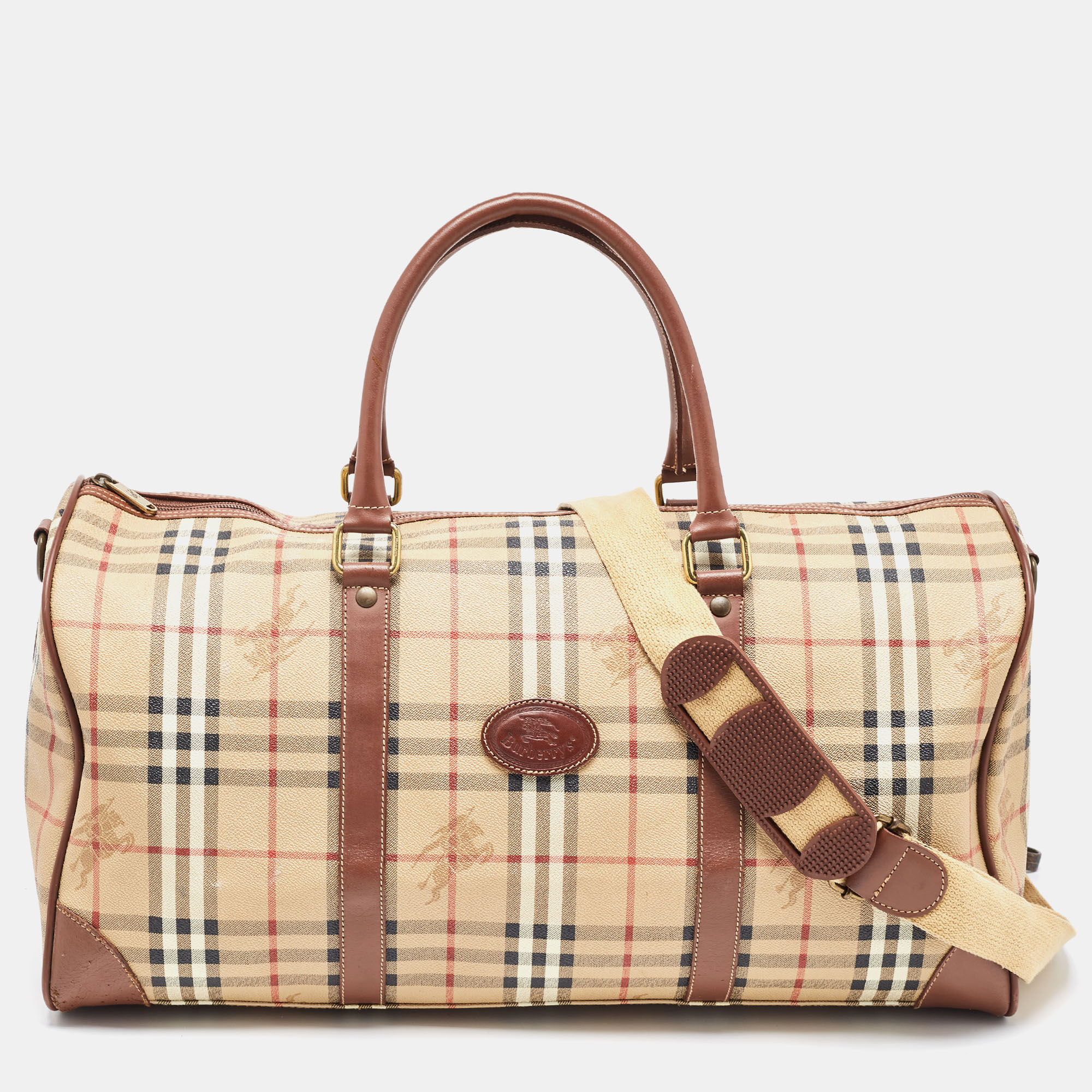 Pre Owned Burberry Brown/Beige Haymarket Coated Canvas and Leather Duffle Bag