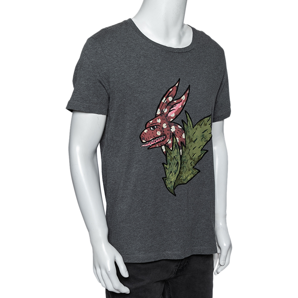 

Burberry London Grey Cotton Flocked Beast Printed T-Shirt