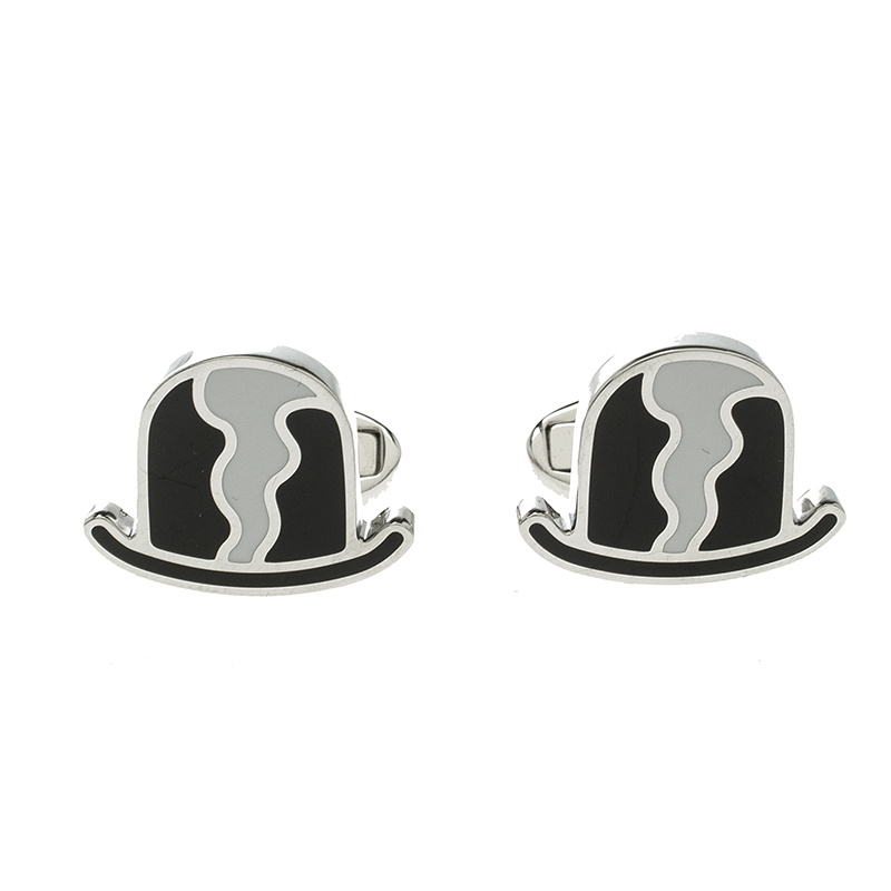 Pre Owned Burberry Black & White Enamel Silver Tone Cufflinks