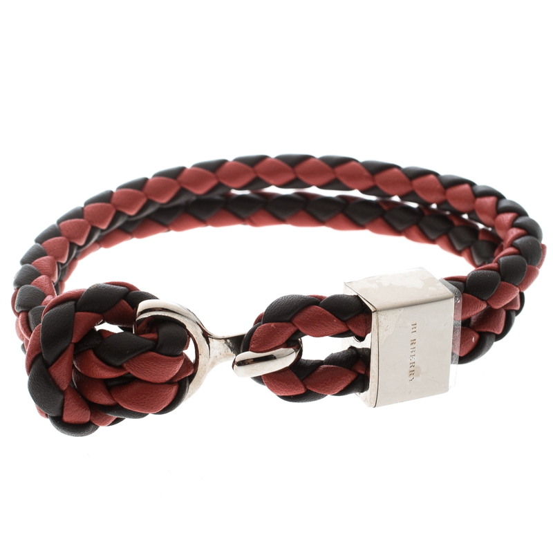 Burberry Two Tone Braided Leather Silver Tone Bracelet
