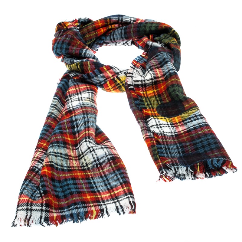 

Burberry Multicolor Wool Tartan Plaid Polka Dotted Fringed Edge Muffler