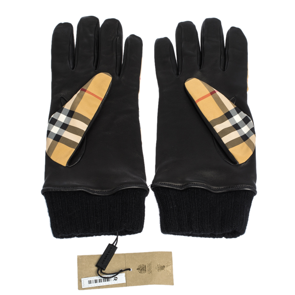 

Burberry Beige Check Cashmere Lined Leather Trim Gloves