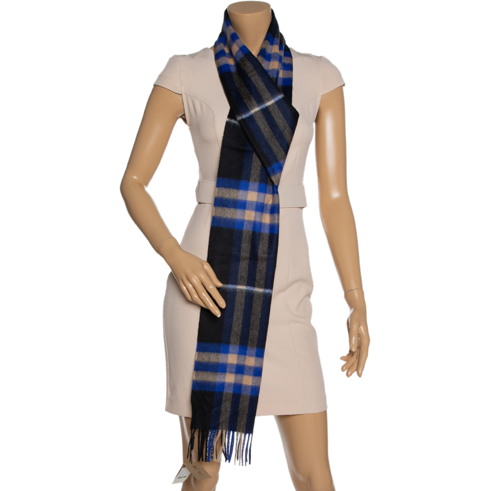 

Burberry Bright Cobalt Classic Check Cashmere Scarf, Blue