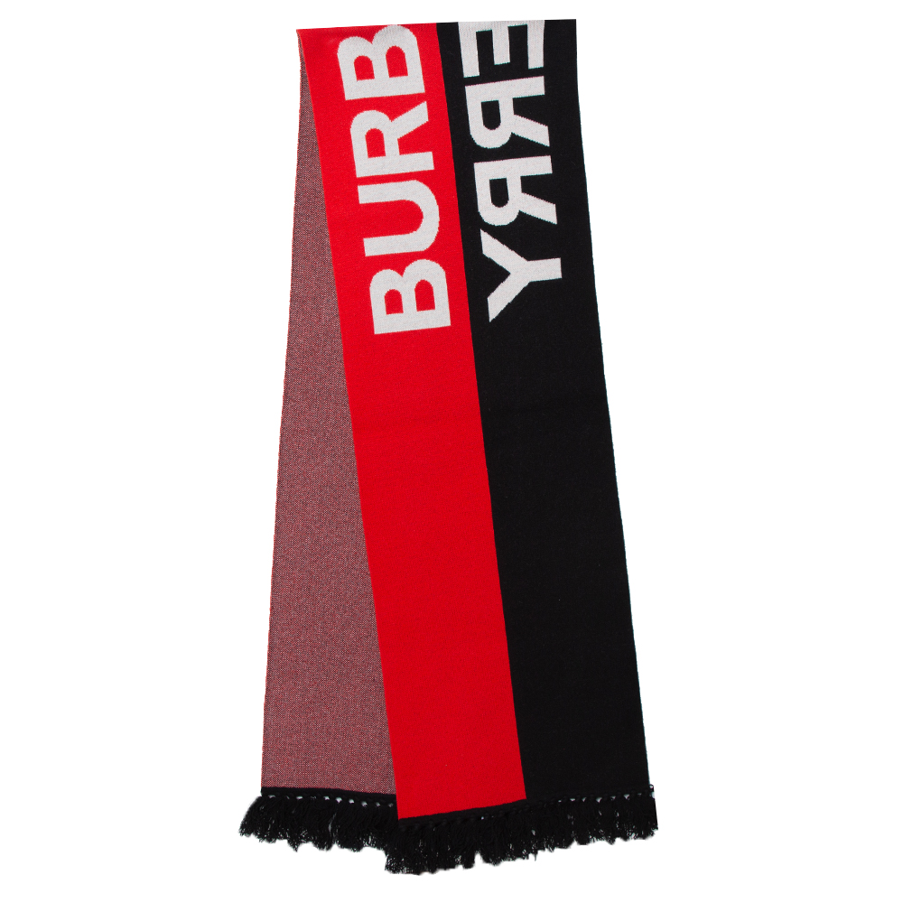 Pre-owned Burberry Bicolor Logo Intarsia Knit Cashmere Football Scarf In Red
