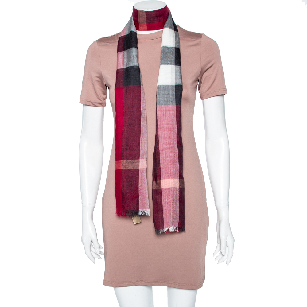 

Burberry Crimson Pink Wool & Silk Checked Fringed Gauze Scarf