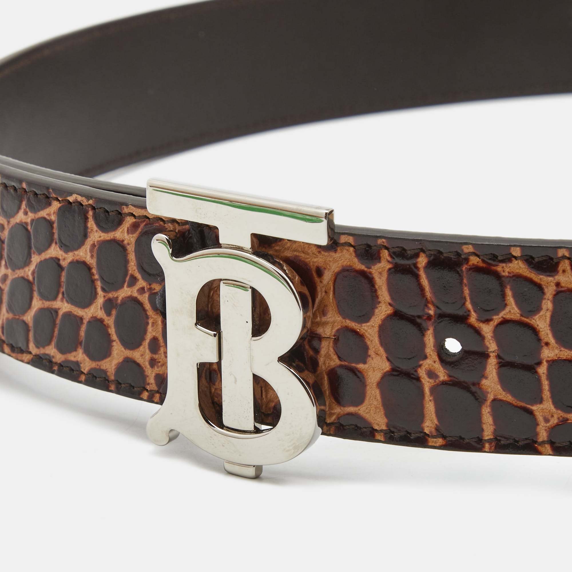

Burberry Brown Crocodile Leather TB Logo Buckle Belt