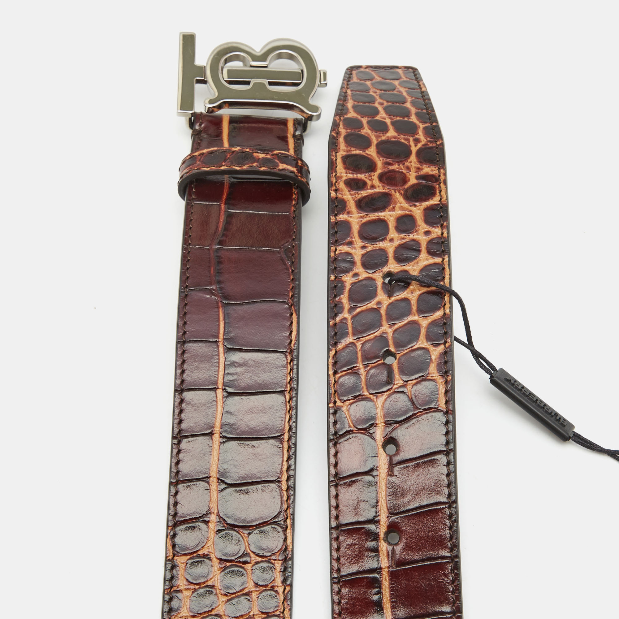 

Burberry Brown Croc Embossed Leather TB Logo Buckle Belt