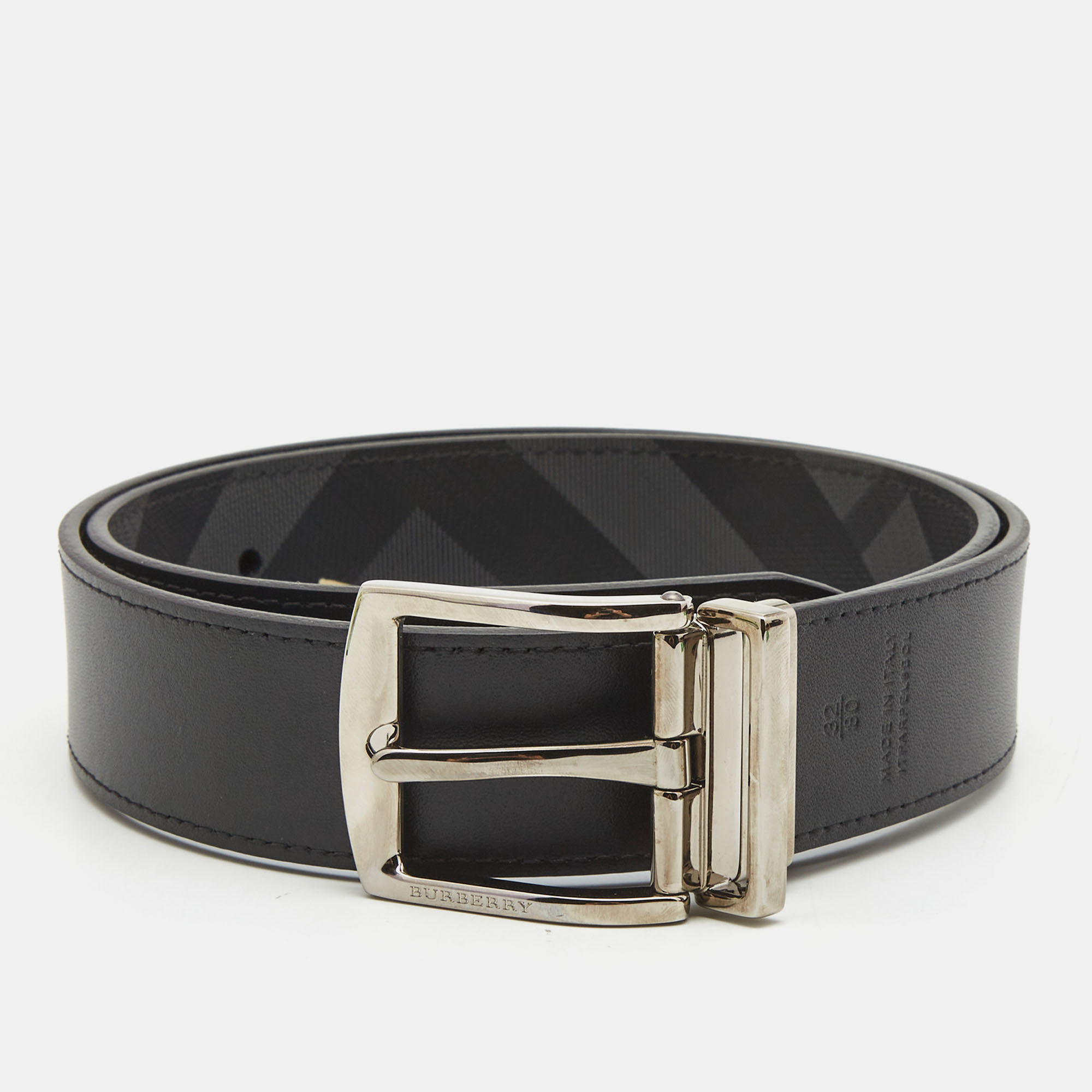 

Burberry Charcoal Check Coated Canvas and Leather Reversible Buckle Belt, Black