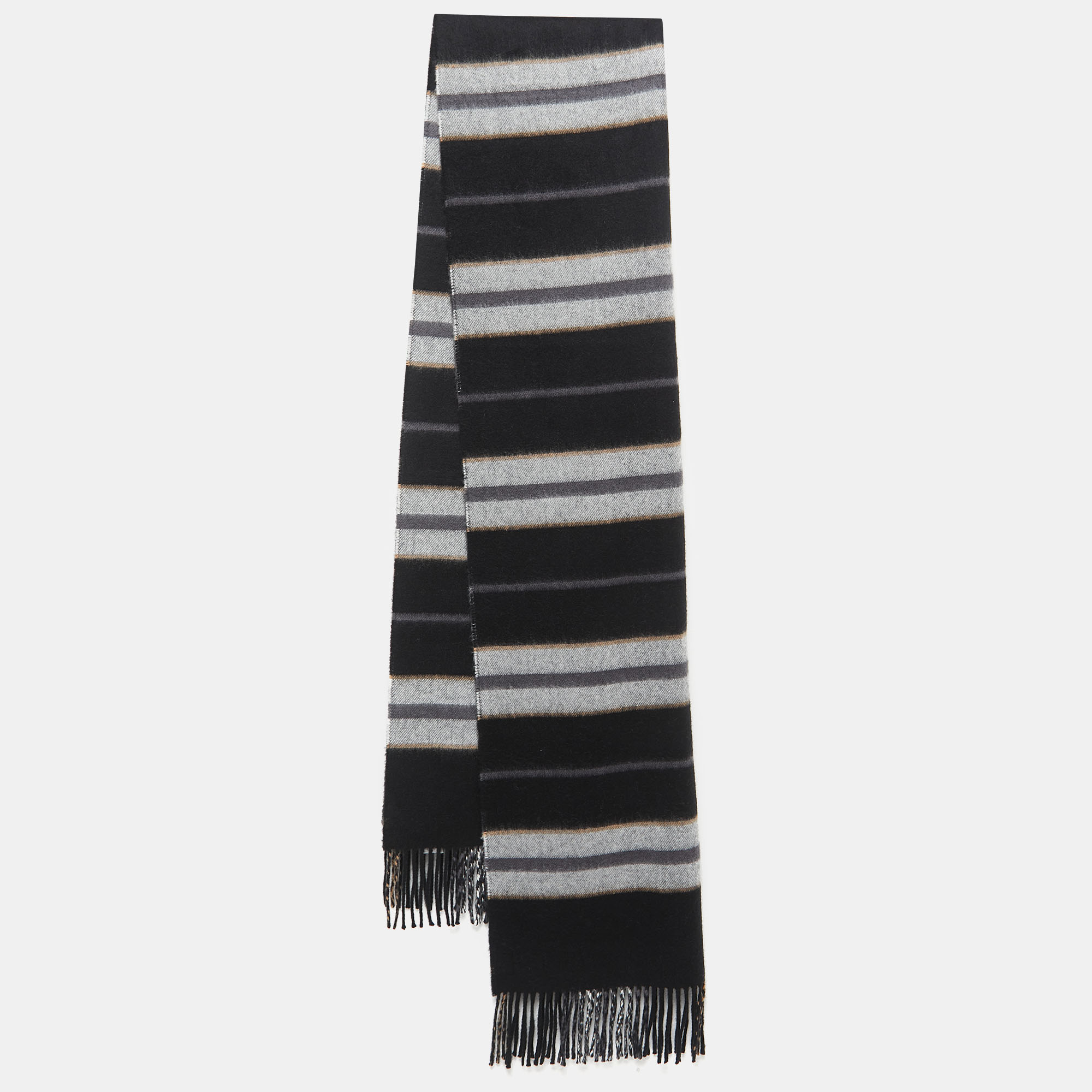 

Burberry Black Saddle Stripe To Check Cashmere Fringed Scarf