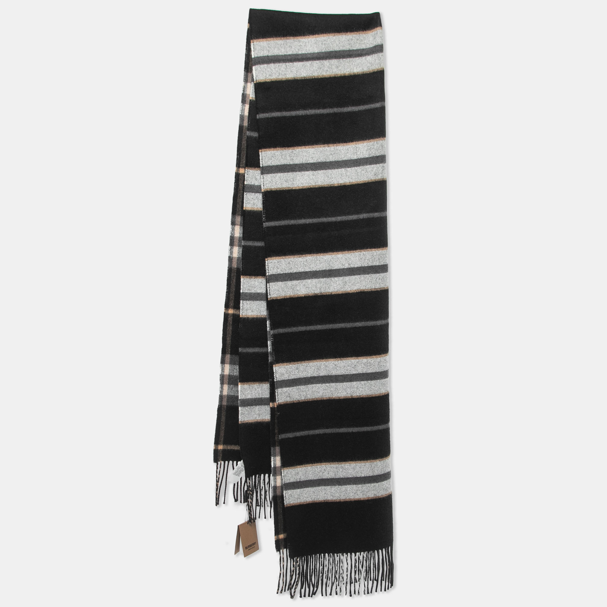 

Burberry Black Saddle Stripe To Check Cashmere Fringed Scarf