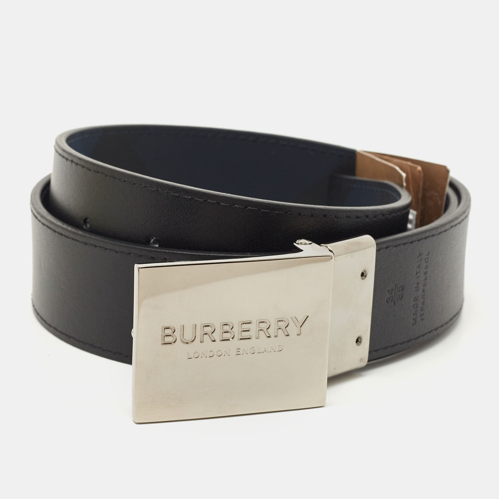

Burberry Navy Blue/Black Check Coated Canvas Logo Plaque Reversible Belt