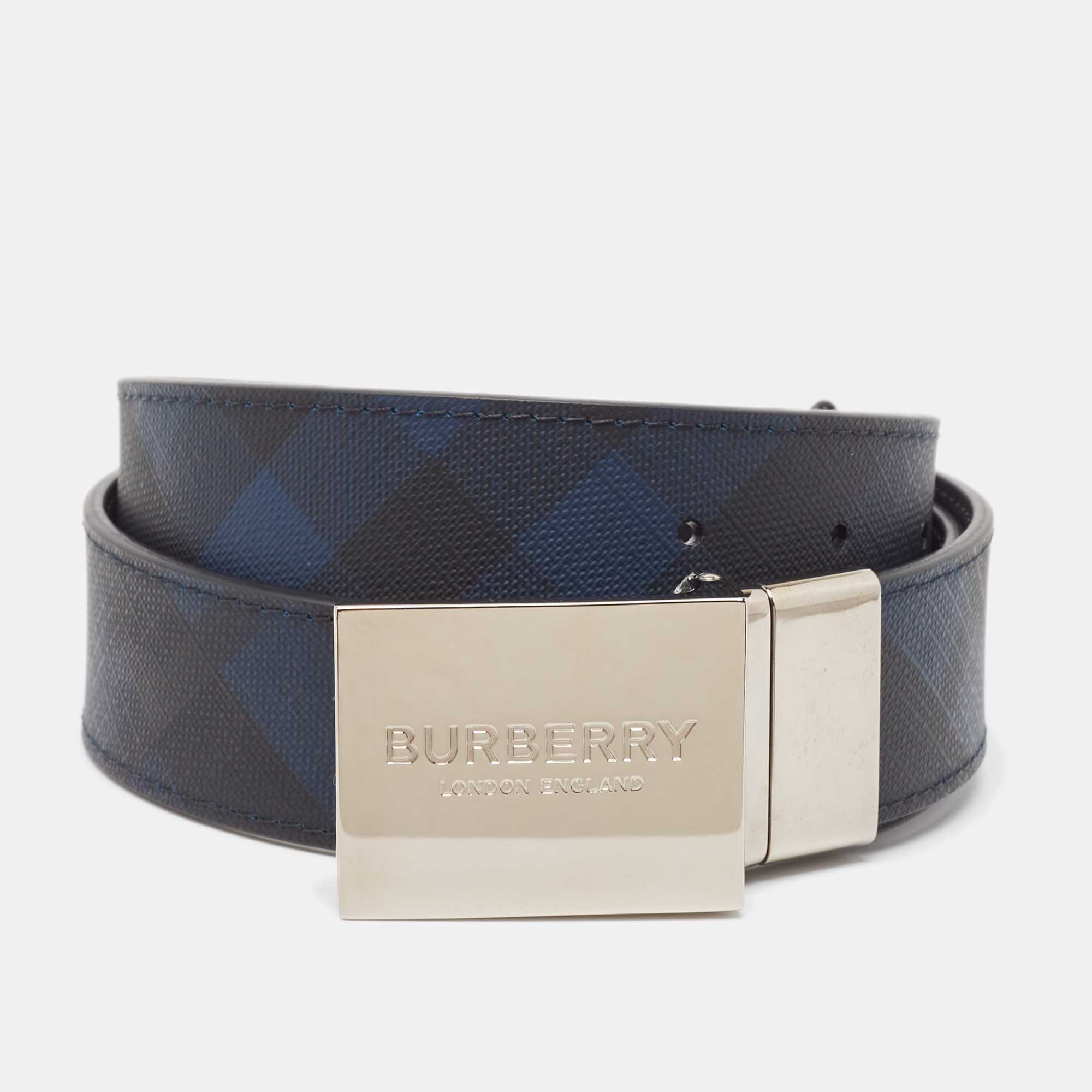 Pre-owned Burberry Blue/black London Check Coated Canvas And Leather Ble Plague Reversible Belt 85 Cm