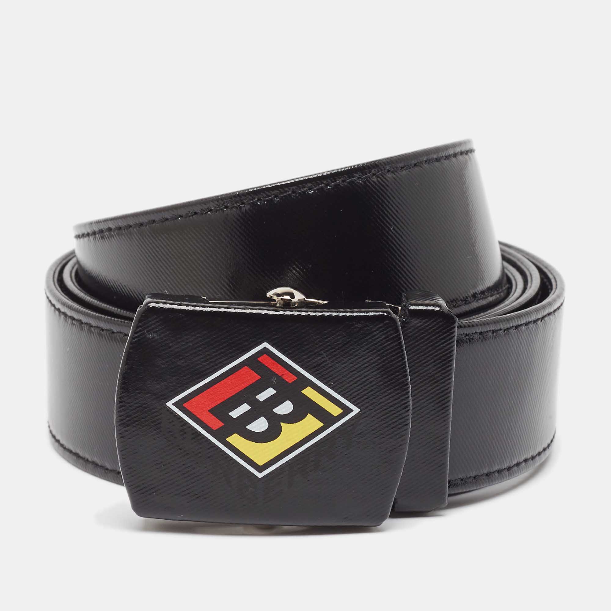 

Burberry Black Coated Canvas and Leather Graphic Plaque Buckle Belt