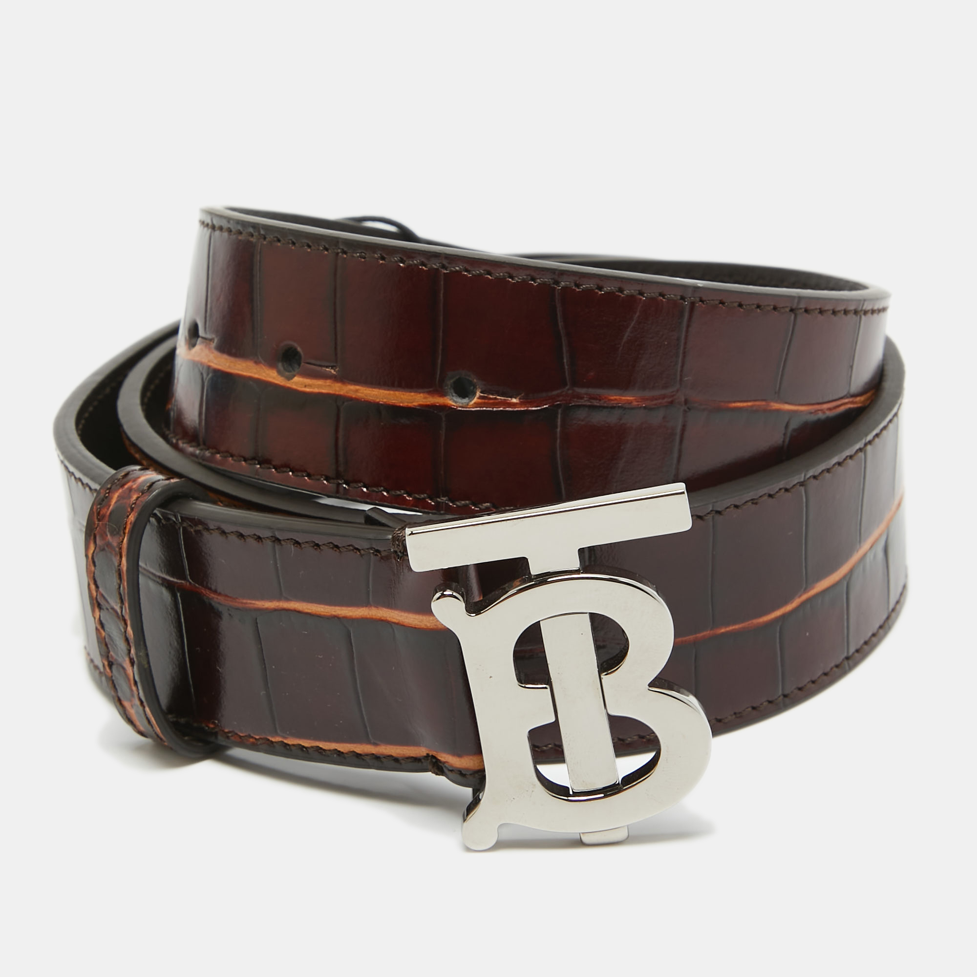 

Burberry Dark Brown Croc Embossed Leather TB Buckle Belt