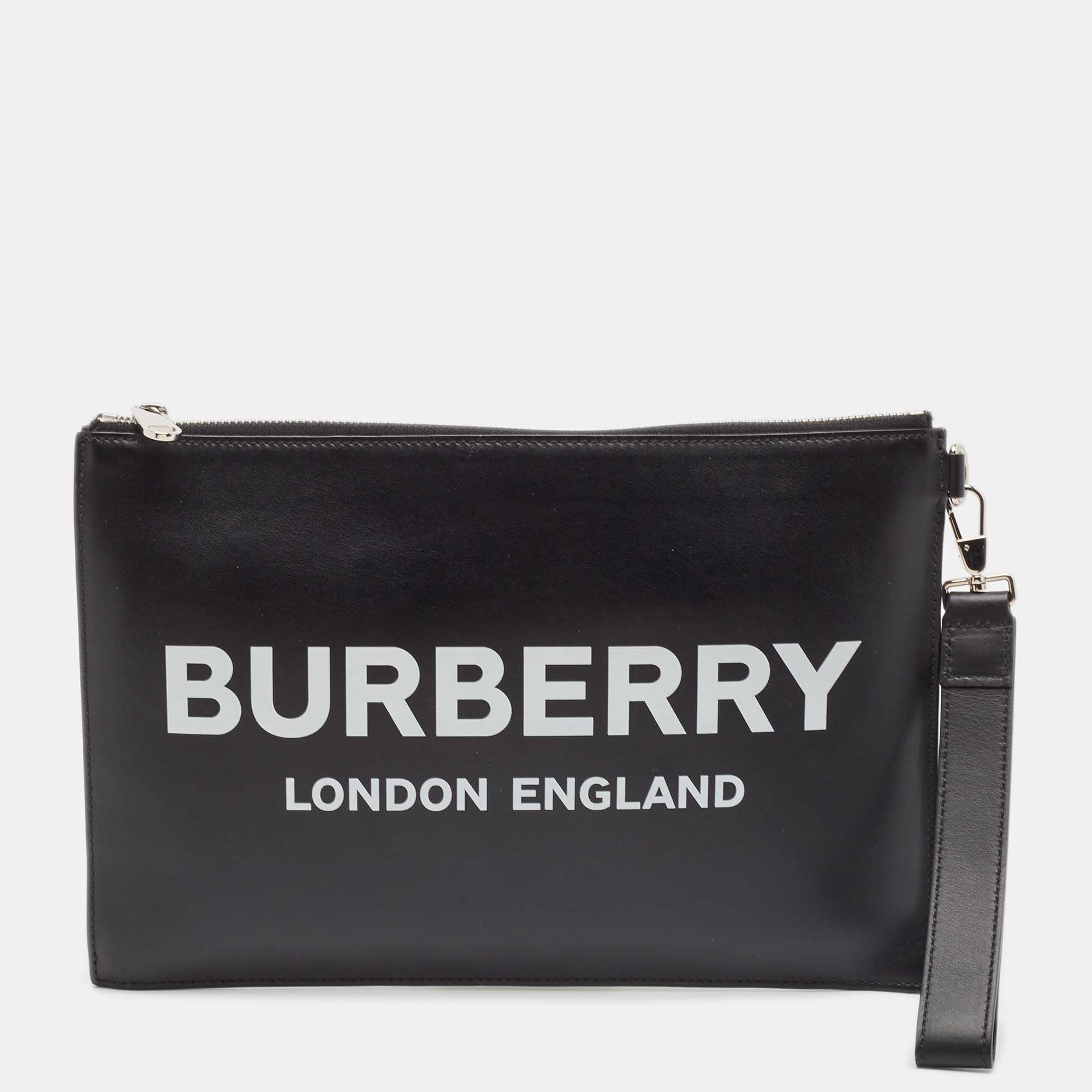 

Burberry Black Leather Logo Edin Wristlet Clutch