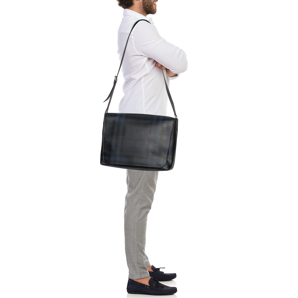 

Burberry Black/Blue Check PVC and Leather Large Burleigh Messenger Bag