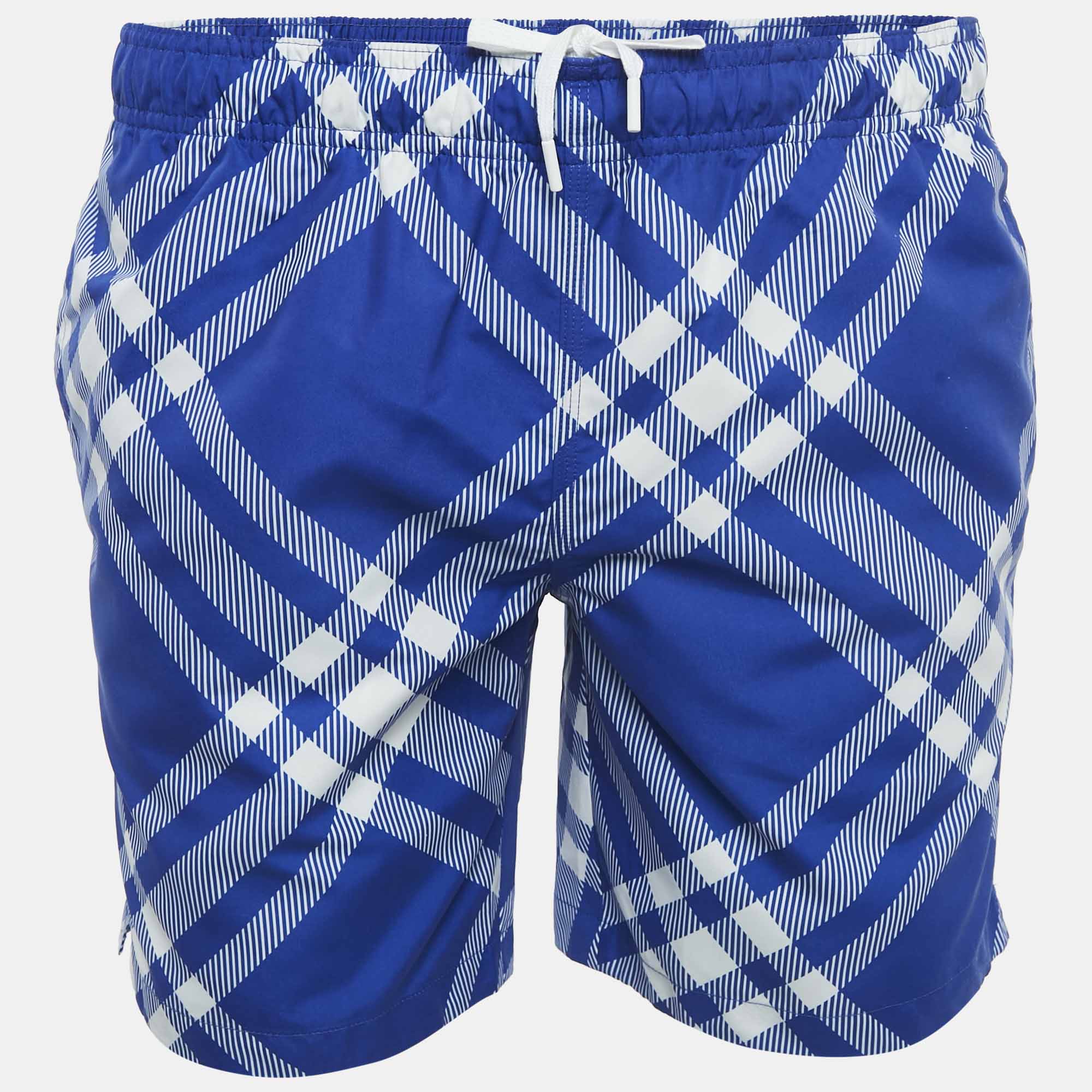 

Burberry Blue Tri Bar Checks Synthetic Swim Shorts S