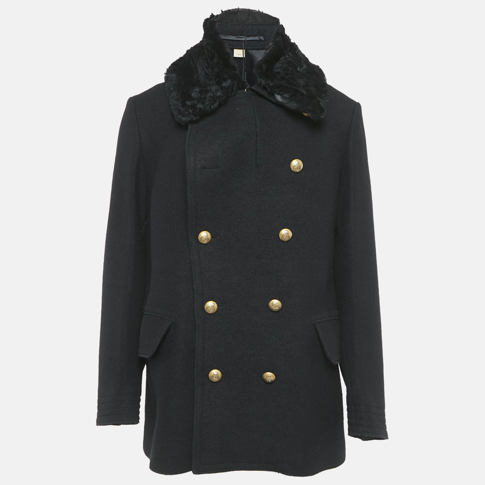 

Burberry Black Wool Fur Collar Detail Double Breasted Coat XXL