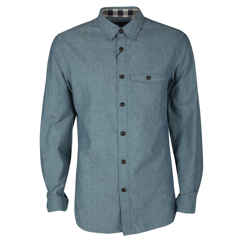Burberry London Mineral Blue Cotton Long Sleeve Friston Shirt L ...