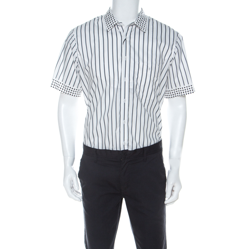 Burberry Black & White Striped Cotton Polka Dot Collar Detail Short ...