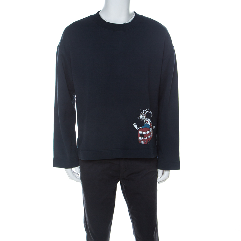 Pre Owned Burberry Navy Blue Cotton Knit Embroidered Detail Crew Neck Sweatshirt XL