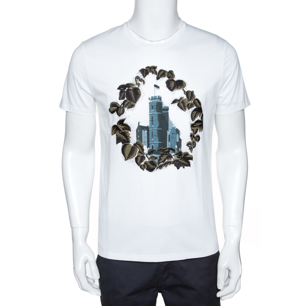 مملوكة مسبقًا Burberry White Castle Printed & Embroidered Cotton T-Shirt M