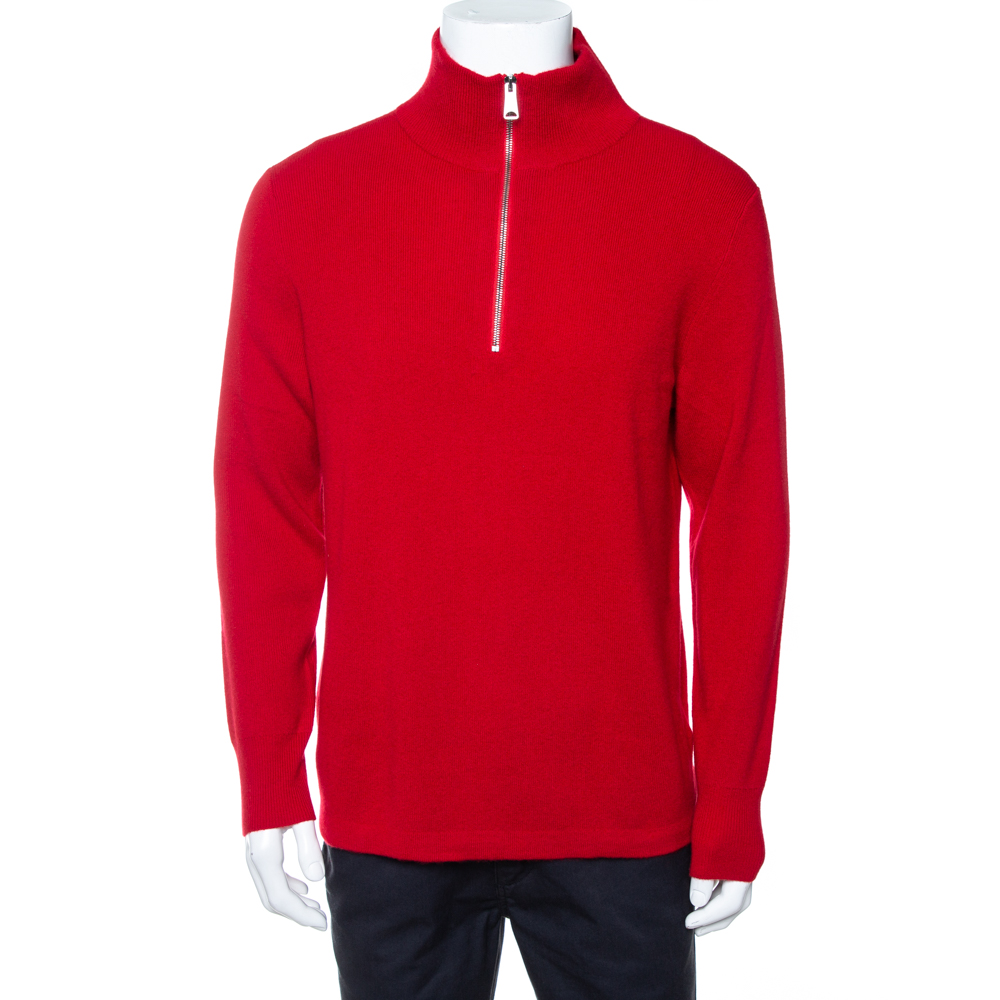 Pre-owned Burberry Red Cashmere Hendon Quarter Zip Sweater L