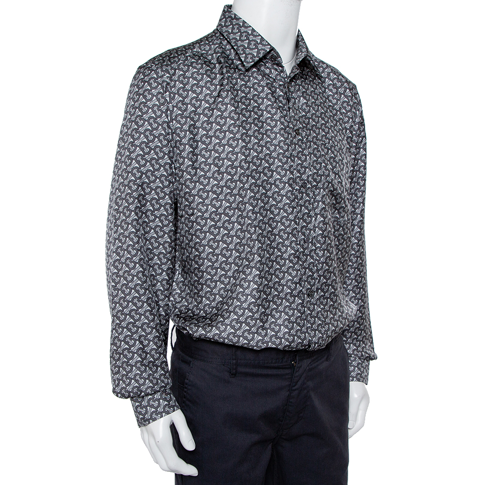 

Burberry Grey Logo Monogram Printed Silk Button Front Shirt