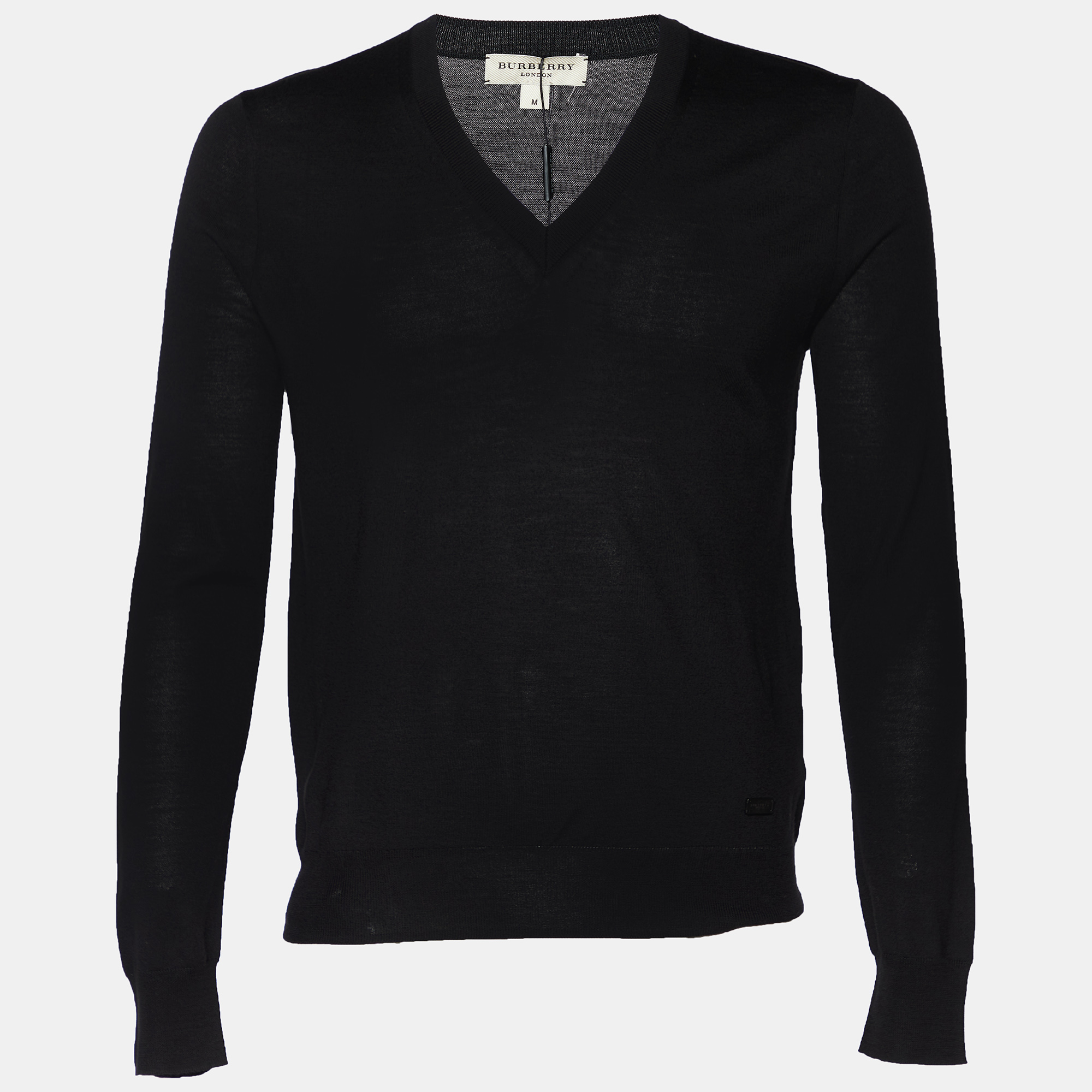 Pre-owned Burberry Black Merino Wool V-neck Sweater M